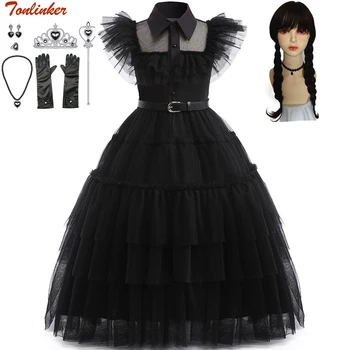Момиче Среда Адамс Cosplay костюм Хелоуин Карнавал Черни вечерни рокли, детски подарък за рожден ден Дантелено рокля на принцеса