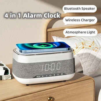 Интелигентен многофункционална аларма, говорител Bluetooth, се свързват безжично зарядно устройство, часовник за бързо зареждане, с атмосферно лека нощ, домашен декор