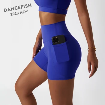 DANCEFISH 2023 дамски тесни панталони със странични джобове цвят прасковено, подтягивающие задните части, за тренировки на открито, спортни дрехи за езда, къси панталони за йога