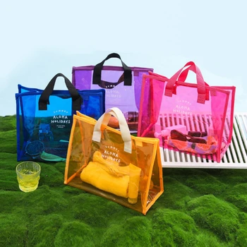 Голяма чанта голям за плуване от PVC, плажна чанта, преносим чанта за съхранение на дрехи, обувки, косметичка, модни прозрачна чанта