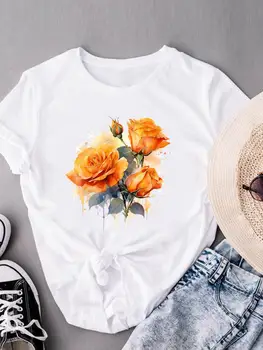 Тениска Дамски дрехи графична тениска дамска мода Дама цвете акварел тенденция Сладко сладко дрехи с къс ръкав принт ежедневни тениски
