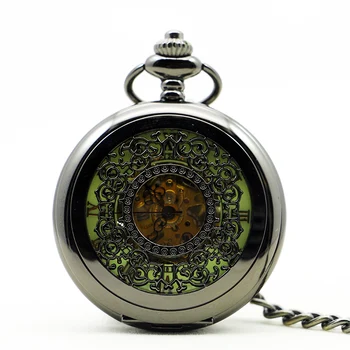 Механични джобен часовник с черна решетка и освобождаване на виртуален скелет, мъжки и дамски колиета в стила на господин в ретро стил steampunk, окачени часовници