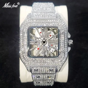 Квадратен часовник с диаманти за мъже, луксозни модни часовници-скелет на Ice Out Bling, хип-хоп, блестящи сребърни водоустойчиви часовници, топла разпродажба