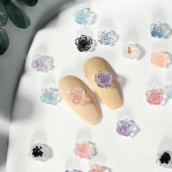 100шт 3D Розови цветя за Декорация за нокти Акрилни скъпоценни камъни Черна лилаво смола Цветни дизайнерски украшения за нокти за гел-лак