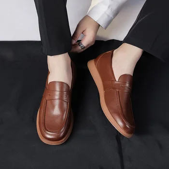 Обувки в стил Ретро от естествена Кожа с Квадратни пръсти, Официалната Кожени Обувки, Мъжки Бизнес Дишаща Ежедневни Обувки С Мека Подметка P065