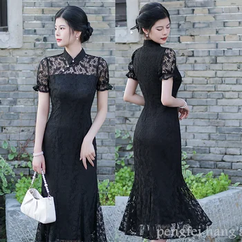 Секси черно дантелено рокля в китайски стил, дамски елегантни рокли Ципао с изрезки, Русалка, Чонсам, винтажное рокля с шал яка подпора, Vestidos