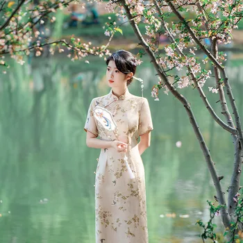 Yourqipao Лятото е дълго ципао каки с принтом, сладък литературен ретро случайни супериорна Ципао в китайски стил, вечерна рокля в китайски стил за жени