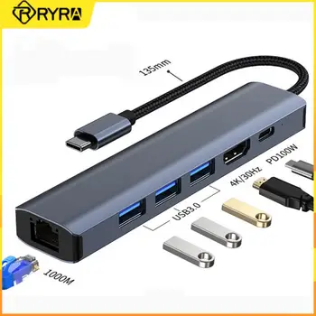 RYRA 6 В 1 USB-C Мултифункционален хъб Gigabit Ethernet Rj-45 на USB 3.0, HDMI-съвместим Адаптер 4K 100W PD-Хъб за таблети и телефони