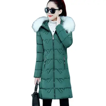 2022 през Зимата ново пуховое памучни дамско палто в корейски стил с качулка, свободна тънка дълга яке с голям кожа яка, паркове с подплата, женски