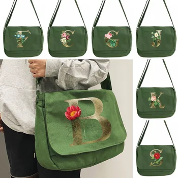 Зелена, със златен цветен принтом, холщовая чанта-месинджър с сладък мечок, тенденция японската литературна чанта на рамото, ежедневна чанта за пазаруване, чанта за момичета