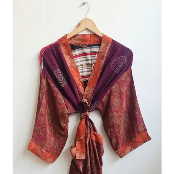 Етнически блуза кимоно с много цветя Копринени халати за баня, дамски дрехи нощно Макси рокля