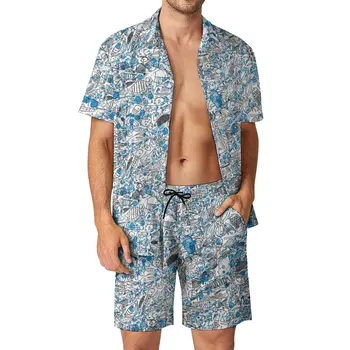 Мъжки плажен костюм за многолюдного морски душ, 2 броя, координати, реколта начална графика, много готино