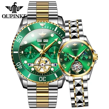 OUPINKE Автоматични часовници за мъже, часовник за гмуркане, сапфирен кристал, вольфрамовая стомана, водоустойчив механични часовници с виртуален скелет, женска двойка