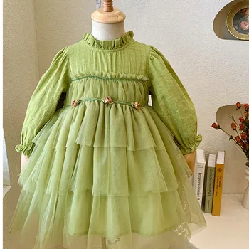 Пролетта рокля за момичета, детско бельо на многослойно рокля на принцеса, дрехи за рожден ден с цветя модел, детски дрехи в зелен цвят 2, 3, 4, 5, 6, 7 години