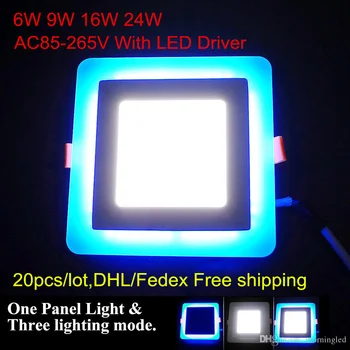 20 бр/лот ултра-3-вградени Модели на квадратен led лампа 6 W 9 W 16 W 24 W Бял + синьо/Топло + буле led лампа за помещения 85-265 В DHL Безплатно