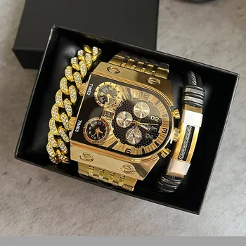 Oulm най-Добрите мъжки часовник с голям циферблат, квадратни златни кварцови часовници за мъже, спортни, с няколко часови зони, военните мъже, водоустойчиви 2023