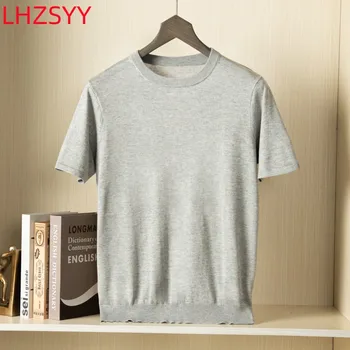 LHZSYY 2023 Риза от коприна тутового цвят с къс ръкав, мъжки Лятна кашмир Вязаная Жилетка, Тънка риза от висок клас за млади хора на Средна възраст с Голям Размер