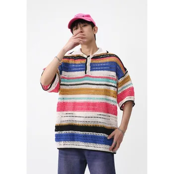 2023 Нова мъжки ежедневни трикотажная риза с къси ръкави в разноцветную ивица, кухи пуловер с къс ръкав, мъжки модни тениски с копчета, панталони, тениски, ризи
