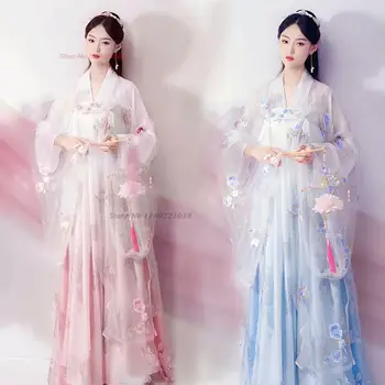 2023 китайското подобряване на шифоновое рокля с национална бродерия на цветя ханфу, реколта танцови, източно сладка принцеса рокля фея