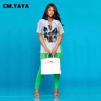 CM.YAYA Женска тениска с къс ръкав и V-образно деколте, дълга Черно-бяла тениска с принтом 2022, лятна мода, Класически тениски с комиксами, върхове