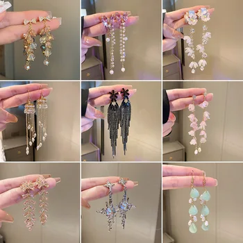 Сребърна игла, обеци с пискюли под формата на супер безсмъртната цвете, обеци с перли, цирконий, пеперуда, неправилни геометрични обеци за жени