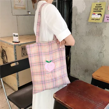 Праскова патица круша клетчатая чанта ИНС художествена школа момиче мек сладък платно чанта памук canvas чанти, Чанта за пазаруване