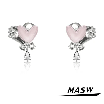MASW Оригинален дизайн, сладък стил, високо качество на обеци от мед метал с розово сърце, за жени, подарък за парти за момичета, нежни аксесоари