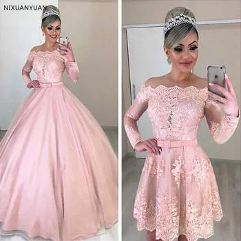 Уникални сватбени рокли от тюл с деколте от рамото 2 в 1, дълги ръкави, лък и свалящ пола, розова сватбена рокля