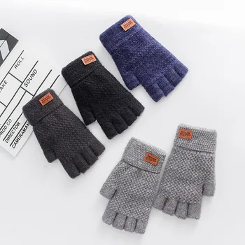 Зимни плетени калъф за ръкавици без пръсти за мъже, офис ръкавици направени от вълна от алпака, топли кожени ръкавици с етикет, дебели еластични ръкавици за набор на текст