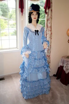 Викторианска рокля за лимузини, рокля средновековна суетата, рокля на гражданската война, синьо атласное бална рокля за бала, викторианската парти, женствена рокля за разходка