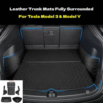 Кожени постелки за багажник, изцяло заобиколен от водоустойчив нескользящим вложка, обичай подложка за пода за Tesla Model Y 3 с 2017 до 2023 автомобилни аксесоари