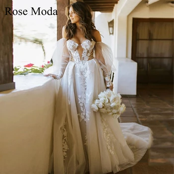 Rose Moda Дантелено сватбена рокля с открити рамене и дълги ръкави, предназначение, сватбената рокля на поръчка