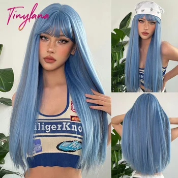 Синьо-сива осветление Cosplay Синтетични перуки, дълги прави цветни Хелоуин и перука с бретон за жени афро топлоустойчиви