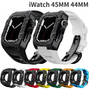 Комплект промяна от Въглеродни влакна За Apple Watch 45 мм 44 мм Висококачествен Защитен Калъф + каишка от Каучук Correa iWatch Series 8 7 6 5 4 SE