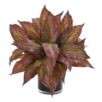 Изкуствено растение с листа Мусы от пластмаса/полиестер в черна ваза, червен