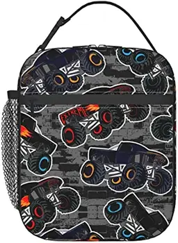 Monster Trucks Cars, черна чанта за обяд, чанти за лаптоп за многократна употреба обяд-бокс с цип за жени, мъже, пикник, на плажа