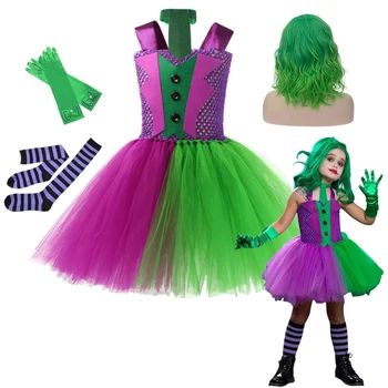 Детски костюм за Хелоуин, Зелена Рокля-пакет За Момичета, Детски Cosplay, Страшен Костюм на Клоун, Карнавал, Маскарад, Празнична Рокля за момичета от 2 до 12 години