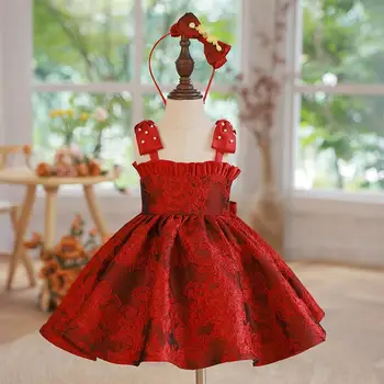 Червена рокля на принцеса с бродерия, перли, ръчна изработка в стил ретро, детско облекло за спагети презрамки и без ръкави, с голям нос, без раменете, летни дрехи за момичета