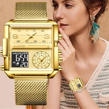 LIGE 2023 Нови златни часовници дамски най-добрата марка на луксозни творчески квадратни часовници дамски модни часовници с двоен дисплей Relogio Feminino + кутия