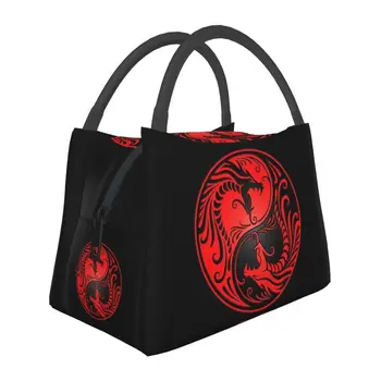 Чанта за обяд с дракони Ин Ян, червено и черно, с термоизолация, женски, портативни, за пикник кутия за храна