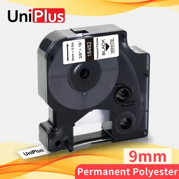 Промишлени лента за етикети UniPlus 18482 от перманентен Полиестер Подходящи за Dymo Rhino Pro Label Maker 5200 4200 Касета 9 мм, Черен на бяло