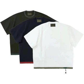 23SS KOLOR Abe Runyi Limited, трикольор японската памучен лоскутная найлон еластична тениска с кръгло деколте и къс ръкав за мъже