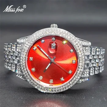 Новите червени часовник Iced Out за жени на известните луксозни марки, елегантни часовници за вечерна рокля, тънки часовник с автоматичен календар, новост в