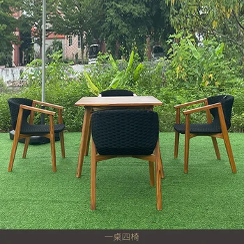Уличен маса и стол от тиково дърво, обикновена маса за хранене и за почивка, оплетени от въжета столове, мебели за двор, водоустойчив и солнцезащитная