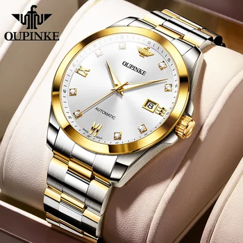 OUPINKE Модерни автоматични часовници за мъже, луксозни механични ръчни часовници с истински диаманти, сапфир кристал, водонепроницаемое рокля, подарък