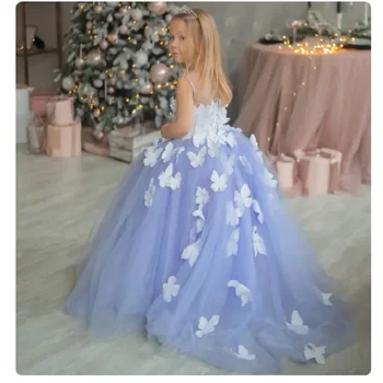 Светло сини тюлевые рокля с цветя модел за момичета, конкурс, пеперуди, Детски рожден ден на принцеса, Първо причастие, Кръщение, сватба, абитуриентски бал