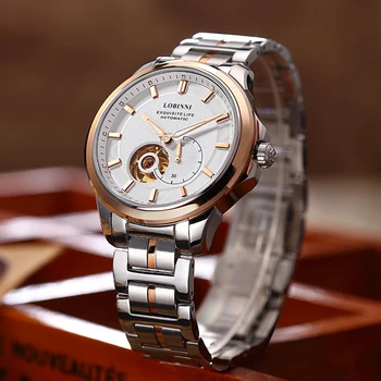 Мъжки часовник LOBINNI за бизнес запознанства високо качество с автоматично стартиране, автоматични механични водоустойчив часовник от неръждаема стомана