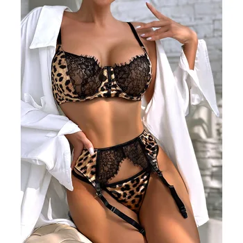 Бельо CHUANGERM Секси комплект с бюстгальтером за жени еротични костюми екзотичен комплект дамско бельо сутиен и бикини с колани бельо с леопардовым принтом