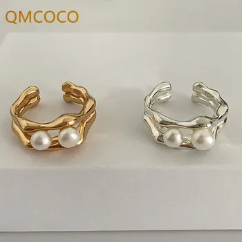 QMCOCO златен цвят с перли, отворени годежен пръстен, нерегулярная естетика, реколтата, бижута, пръстен на пръста си, за жени и момичета