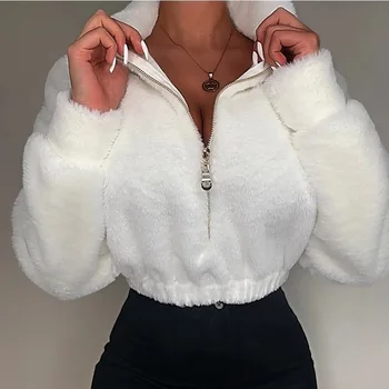 Дамски ежедневни свободни зимни съкратен върхове, обикновен пуловер с висока деколте и дълъг ръкав с цип, hoody за момичета бял цвят